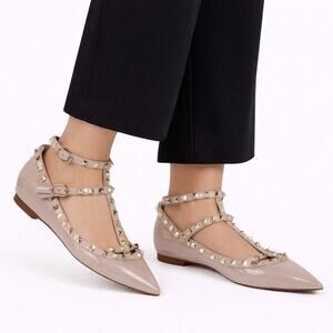 NEW Valentino Garavani Rockstud Caged Paten Leather Flats Pink Size 38.5